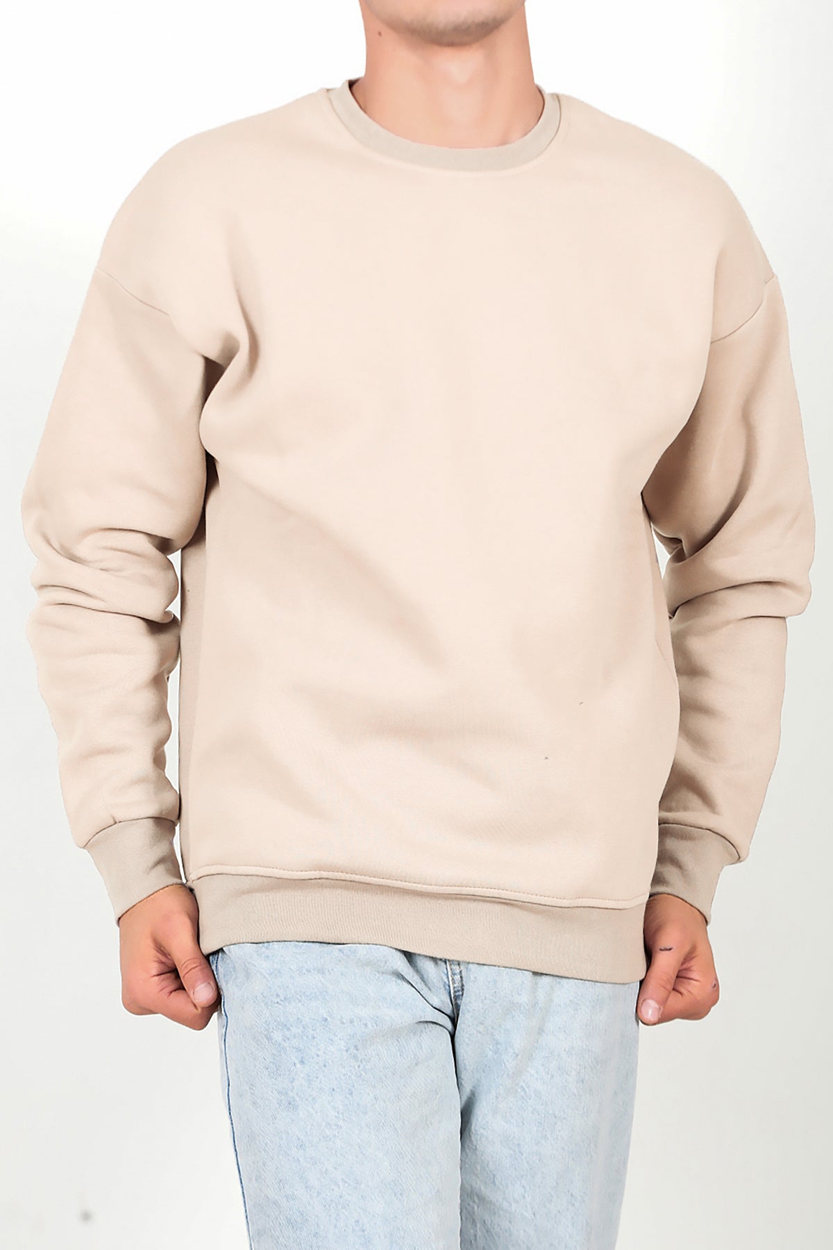 Erkek Bisiklet Yaka Sweat Bej