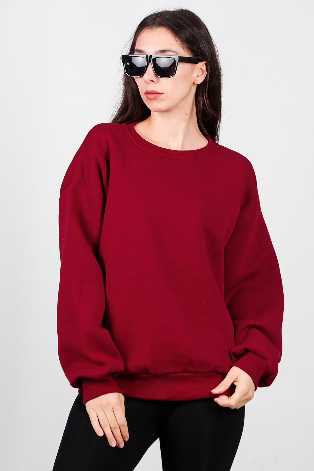 Kadın Bisiklet Yaka Şardonlu Sweat Bordo