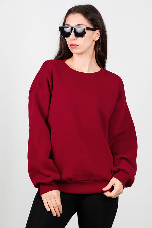 Kadın Bisiklet Yaka Şardonlu Sweat Bordo