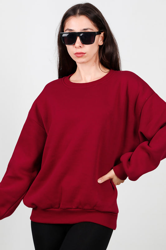 Kadın Bisiklet Yaka Şardonlu Sweat Bordo