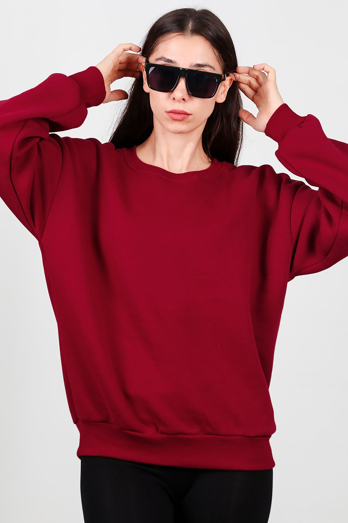 Kadın Bisiklet Yaka Şardonlu Sweat Bordo