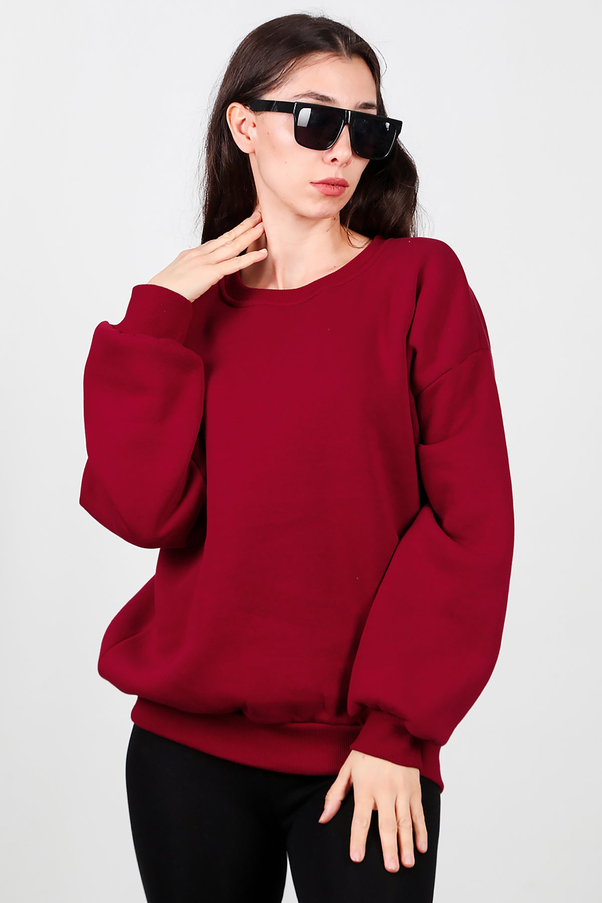 Kadın Bisiklet Yaka Şardonlu Sweat Bordo