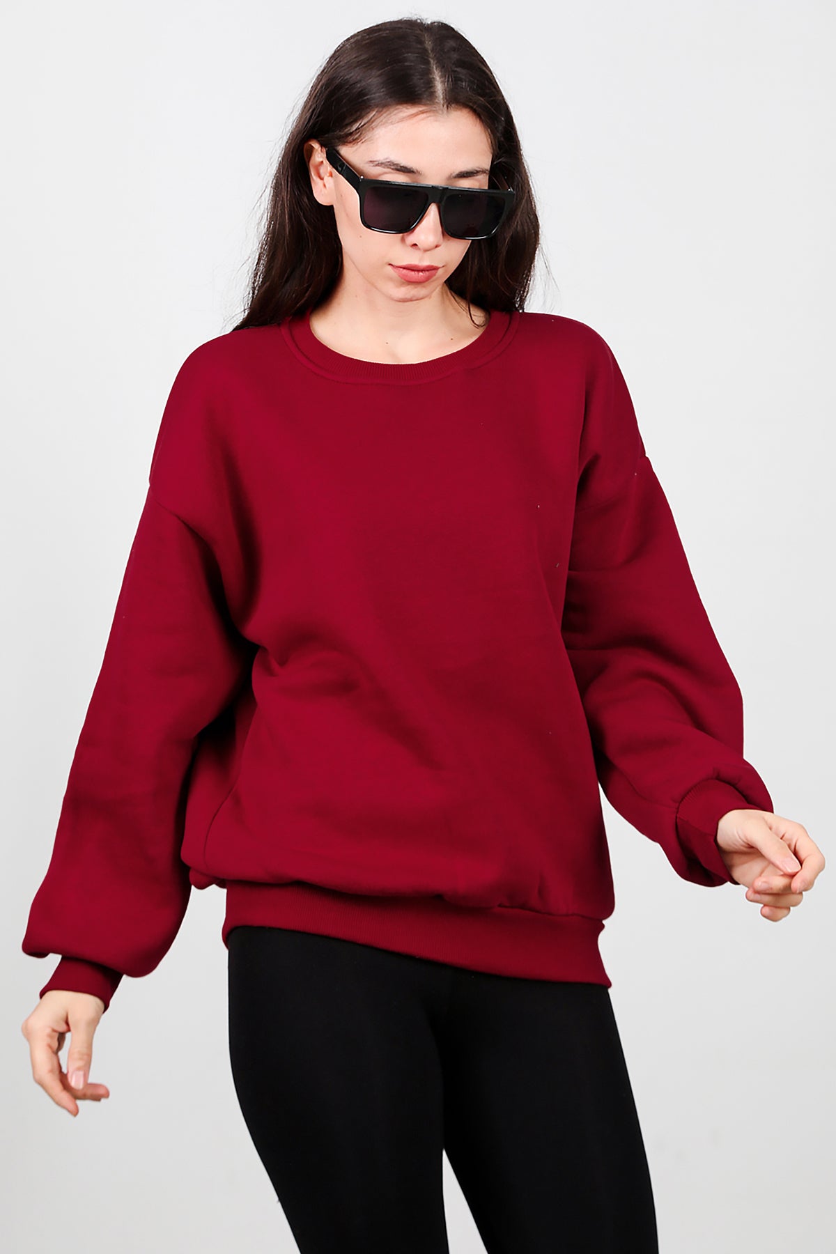 Kadın Bisiklet Yaka Şardonlu Sweat Bordo