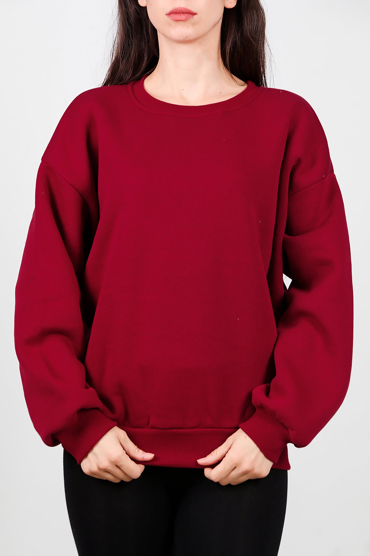 Kadın Bisiklet Yaka Şardonlu Sweat Bordo