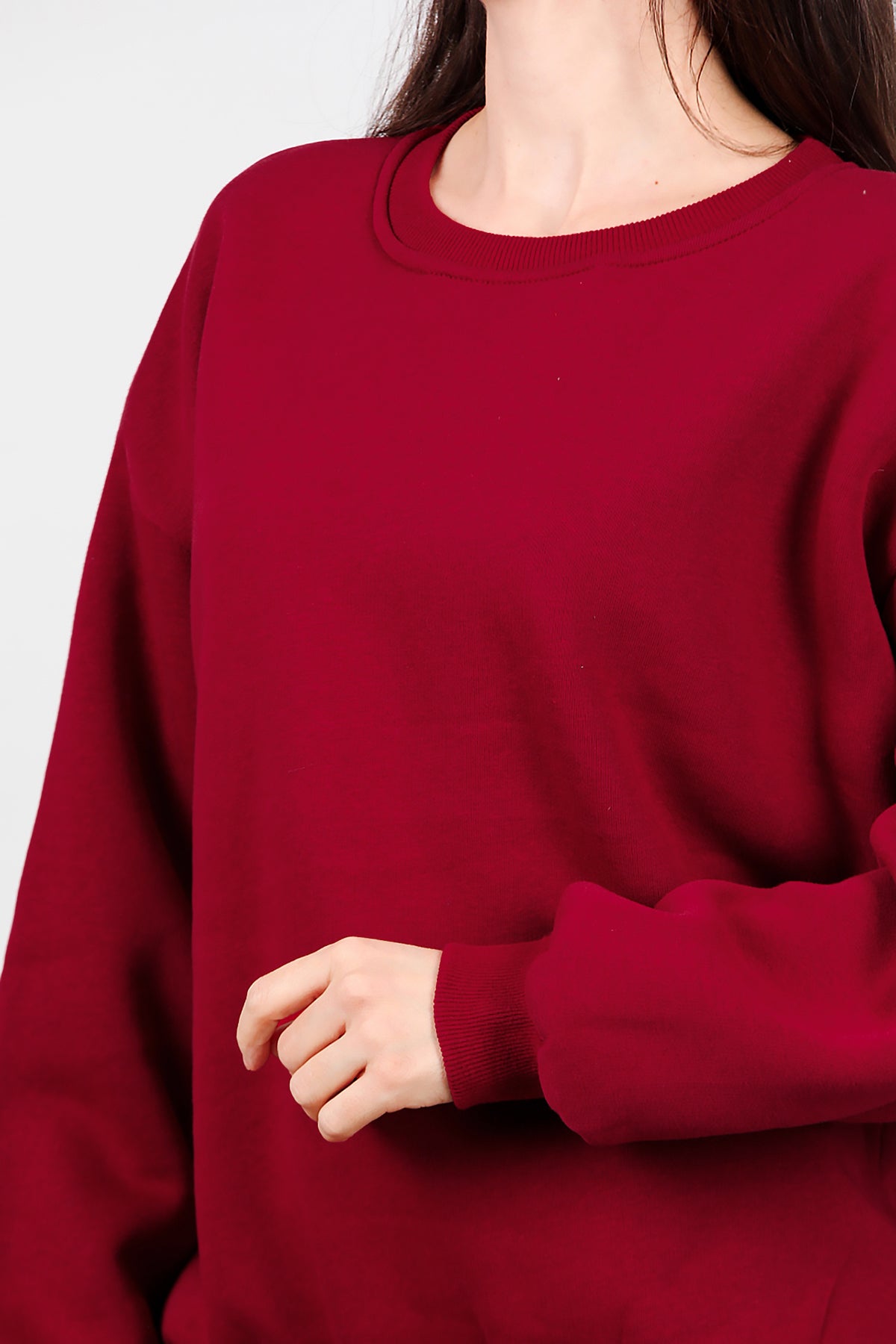 Kadın Bisiklet Yaka Şardonlu Sweat Bordo