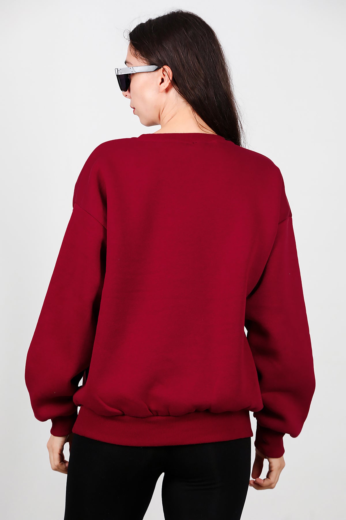 Kadın Bisiklet Yaka Şardonlu Sweat Bordo