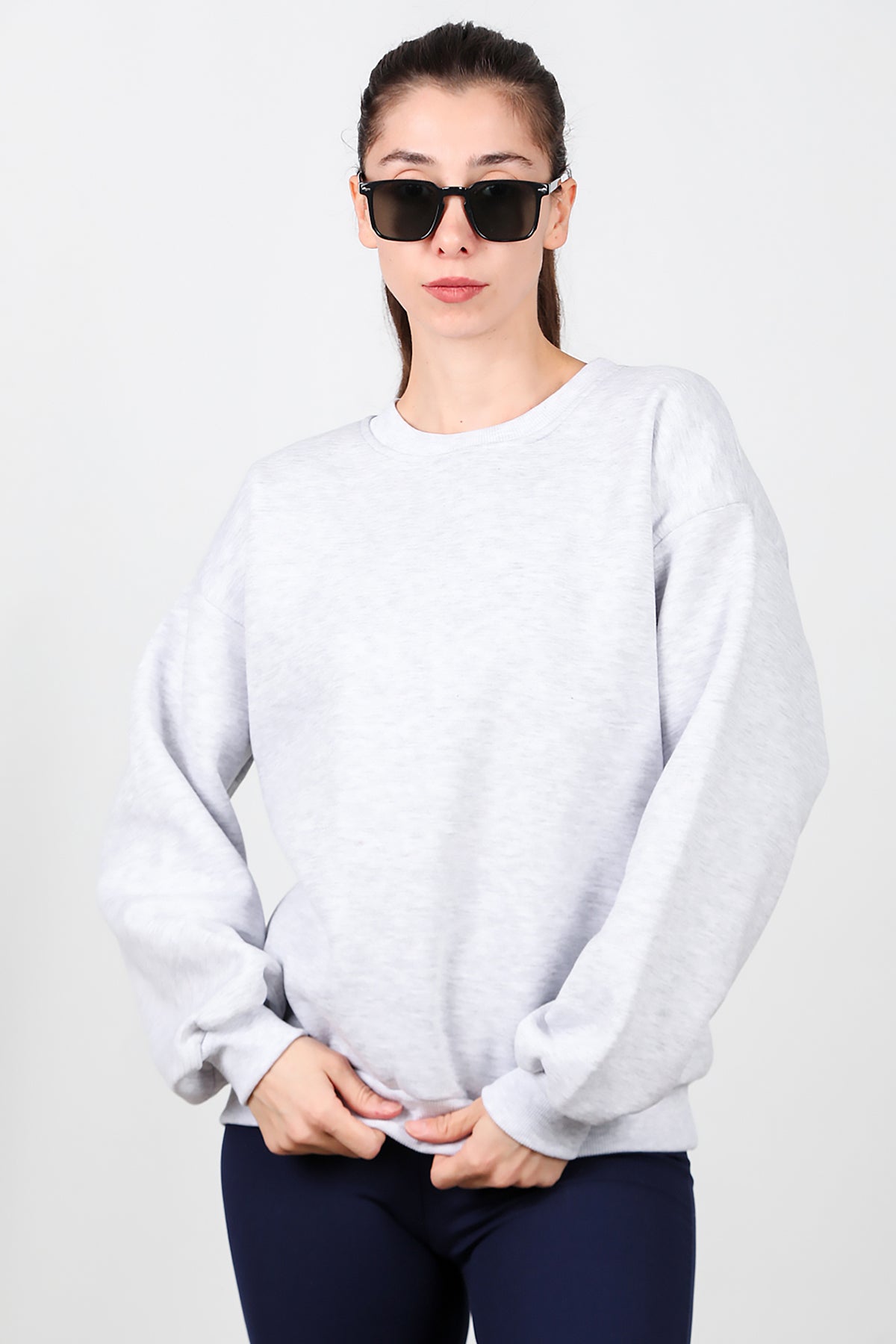 Kadın Bisiklet Yaka Şardonlu Sweat Gri