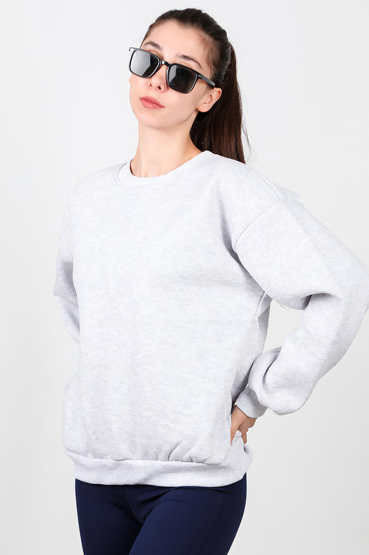Kadın Bisiklet Yaka Şardonlu Sweat Gri