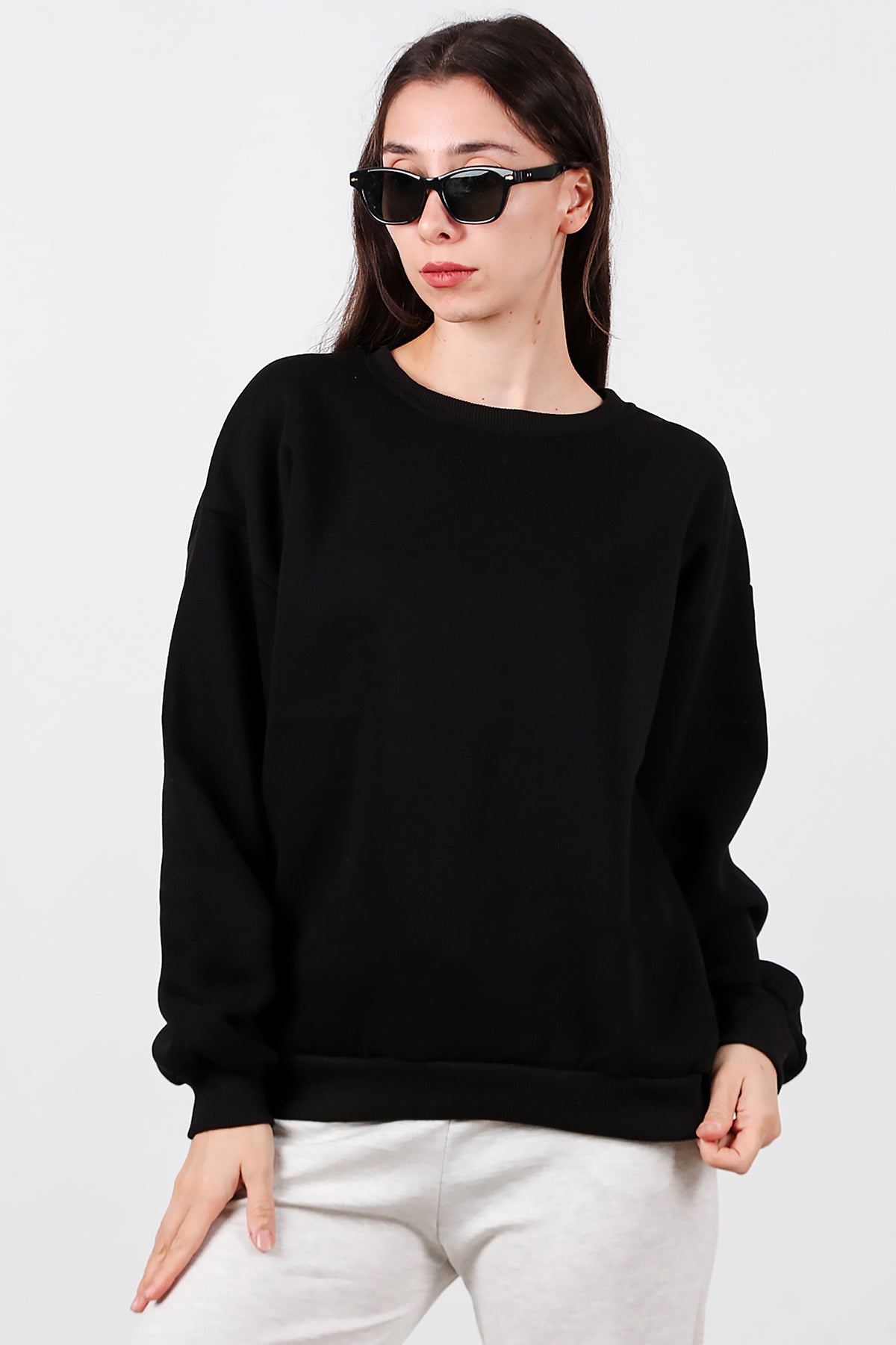 Kadın Bisiklet Yaka Şardonlu Sweat Siyah