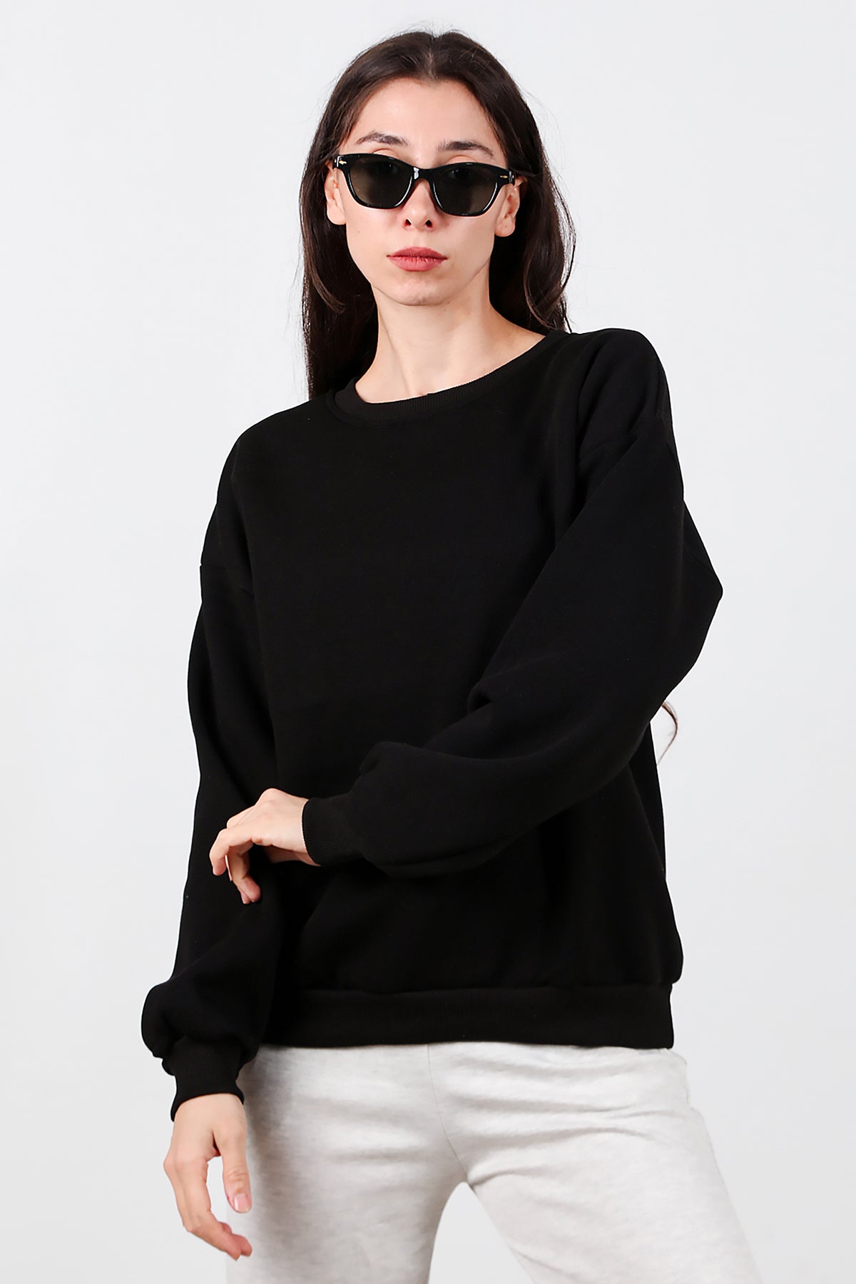 Kadın Bisiklet Yaka Şardonlu Sweat Siyah
