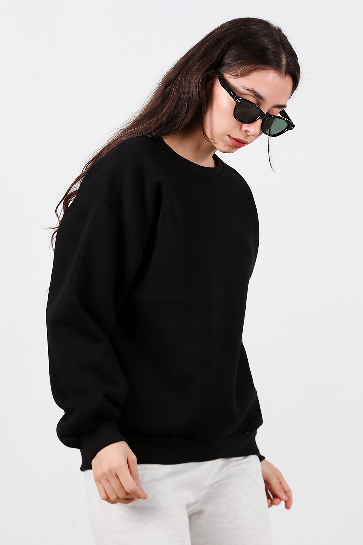 Kadın Bisiklet Yaka Şardonlu Sweat Siyah