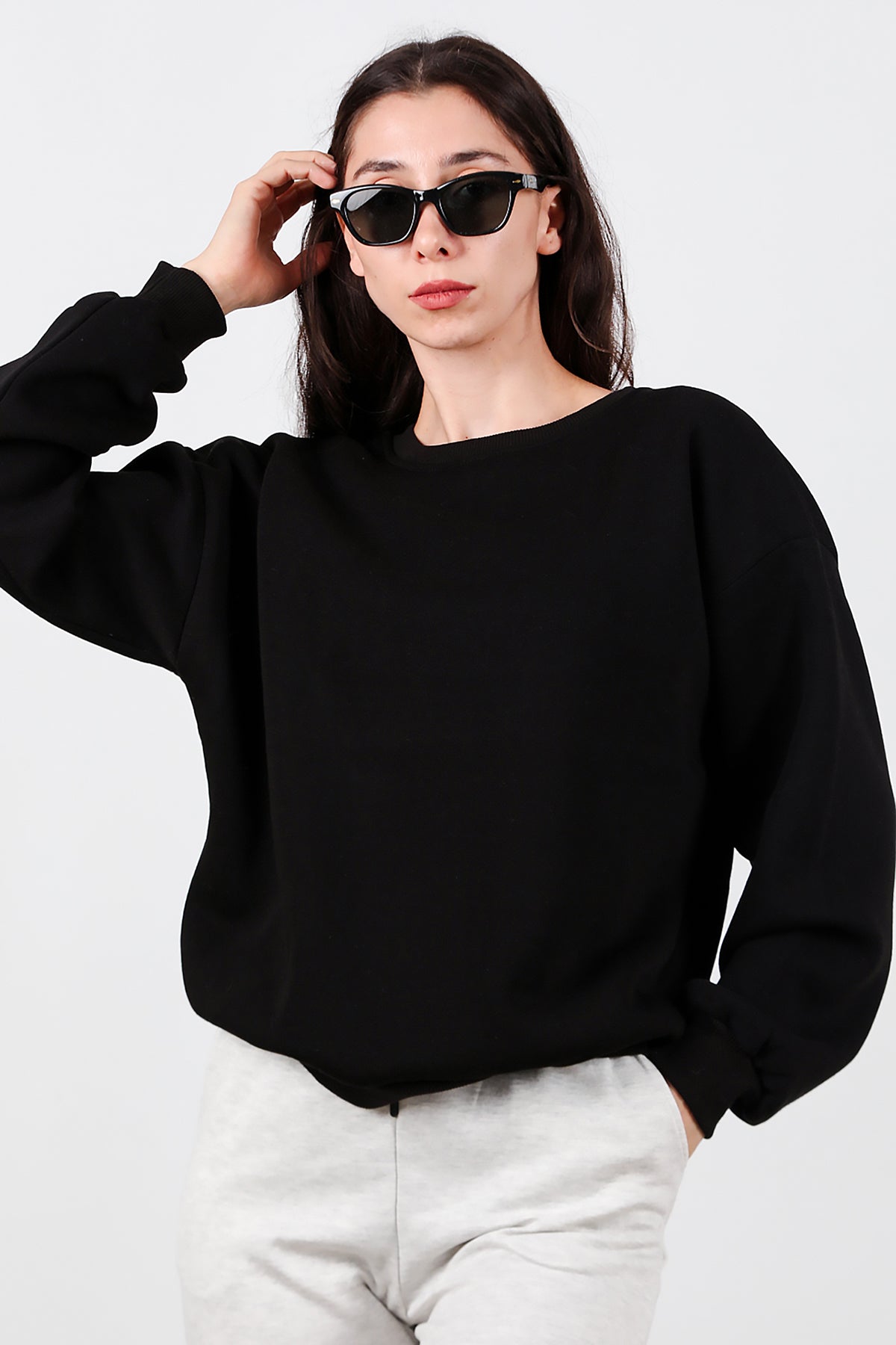 Kadın Bisiklet Yaka Şardonlu Sweat Siyah