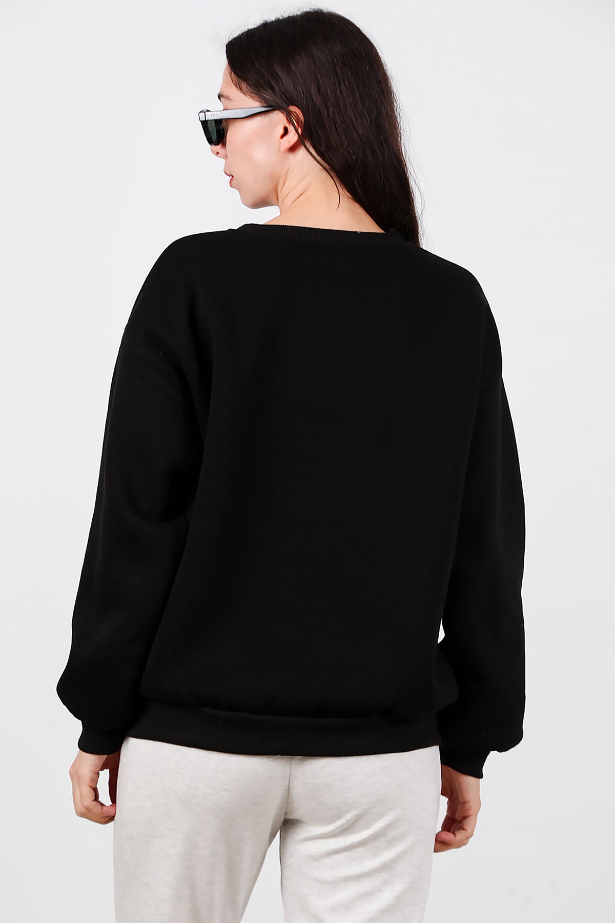 Kadın Bisiklet Yaka Şardonlu Sweat Siyah