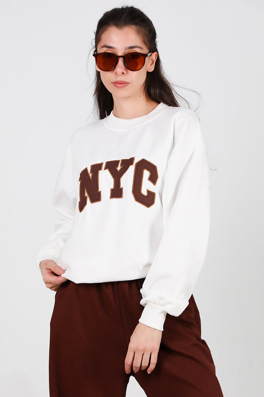 Kadın Yazılı Bisiklet Yaka Sweat Ekru