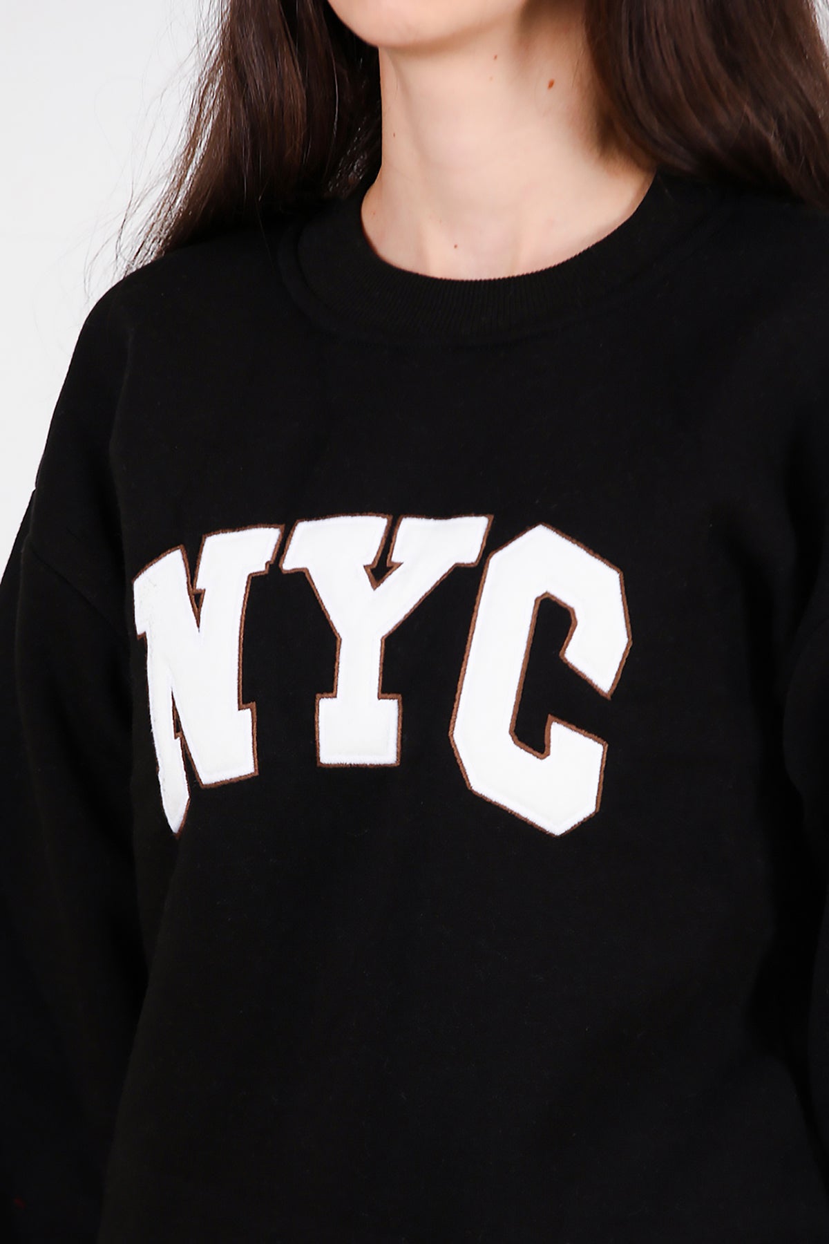 Kadın Yazılı Bisiklet Yaka Sweat Siyah