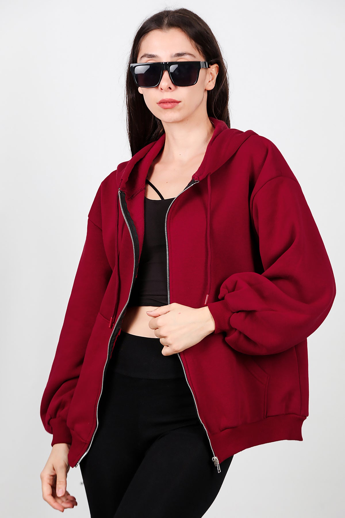 Kadın Kapşonlu Fermuarlı Şardonlu Sweat Bordo