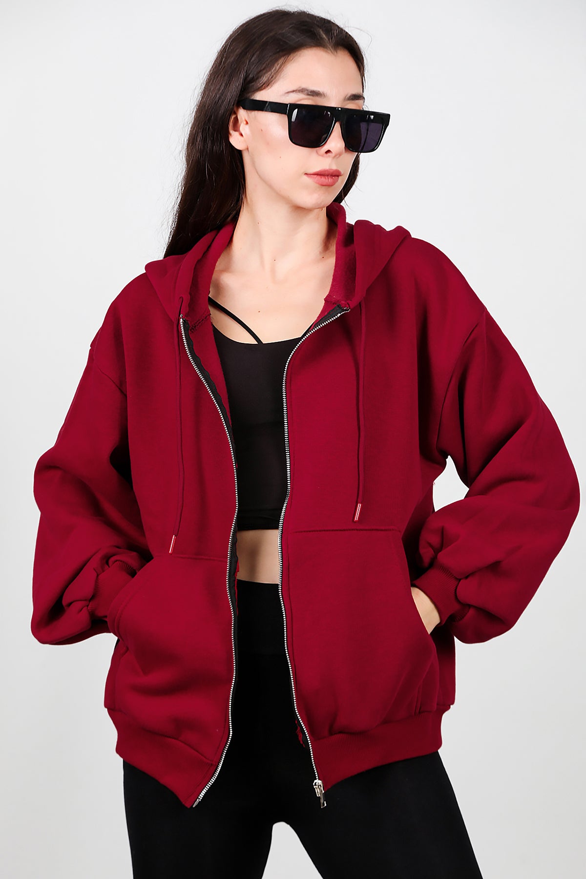 Kadın Kapşonlu Fermuarlı Şardonlu Sweat Bordo