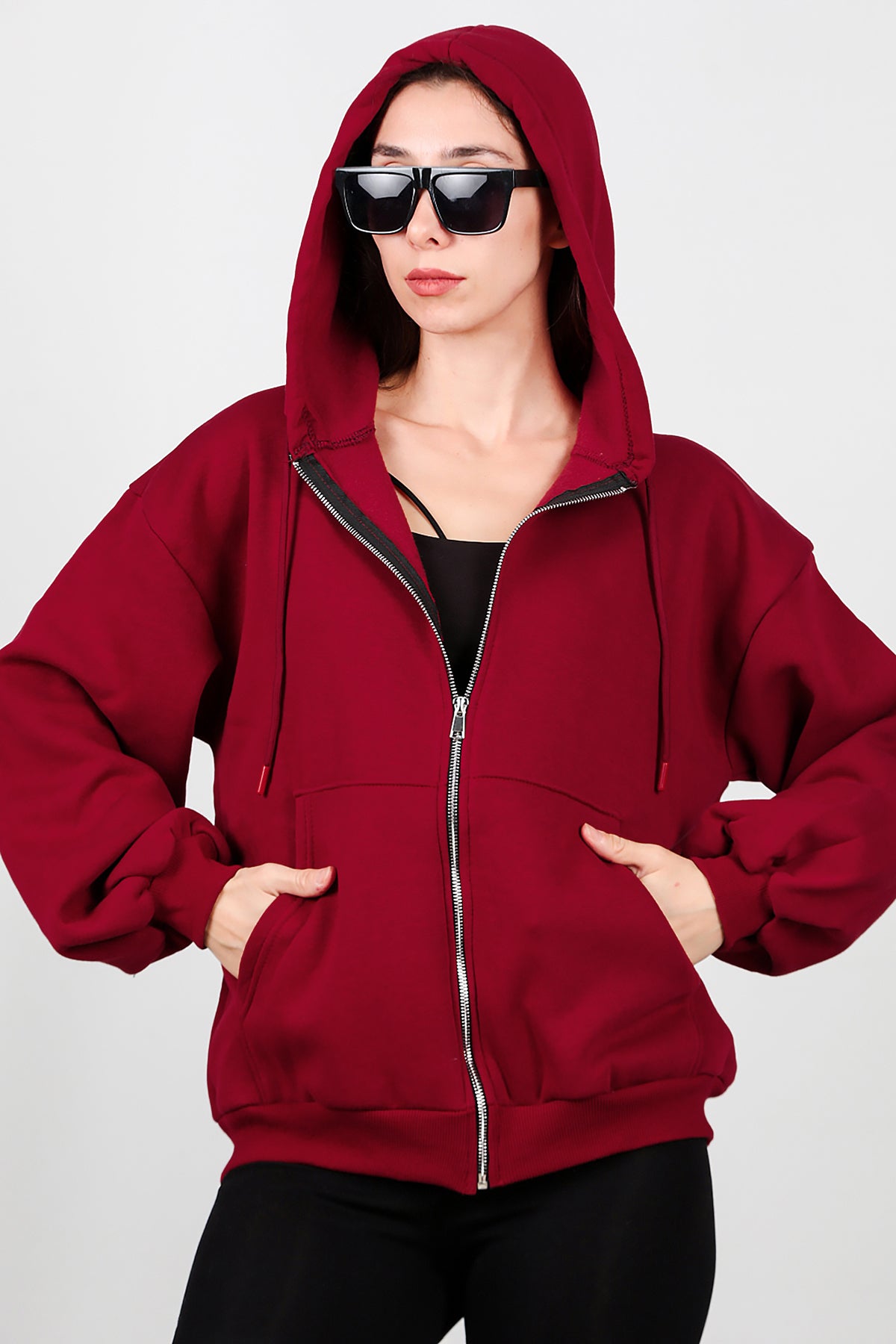 Kadın Kapşonlu Fermuarlı Şardonlu Sweat Bordo