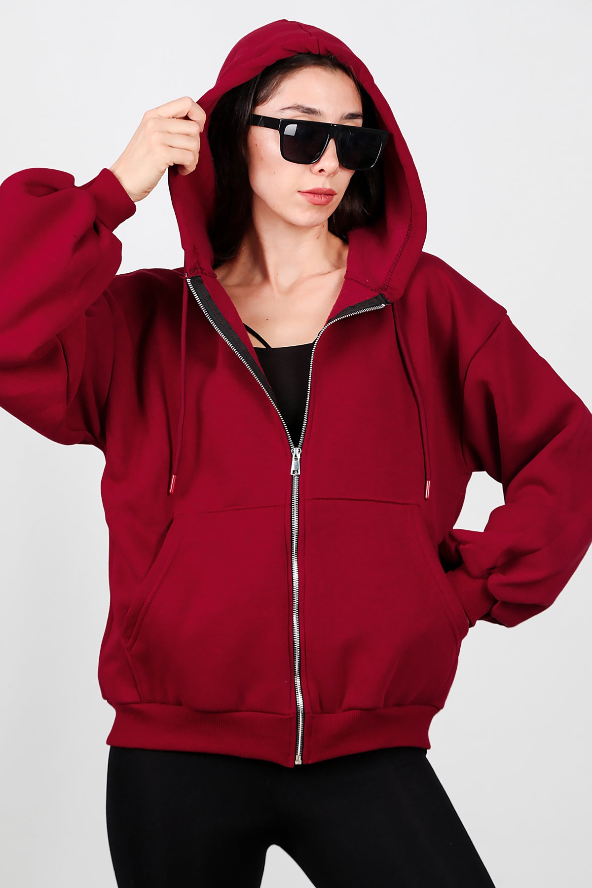 Kadın Kapşonlu Fermuarlı Şardonlu Sweat Bordo