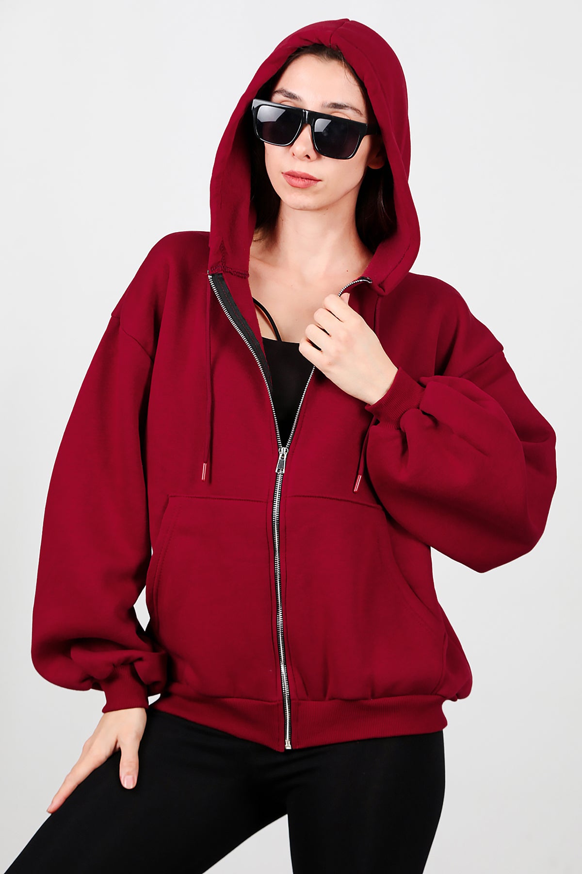Kadın Kapşonlu Fermuarlı Şardonlu Sweat Bordo
