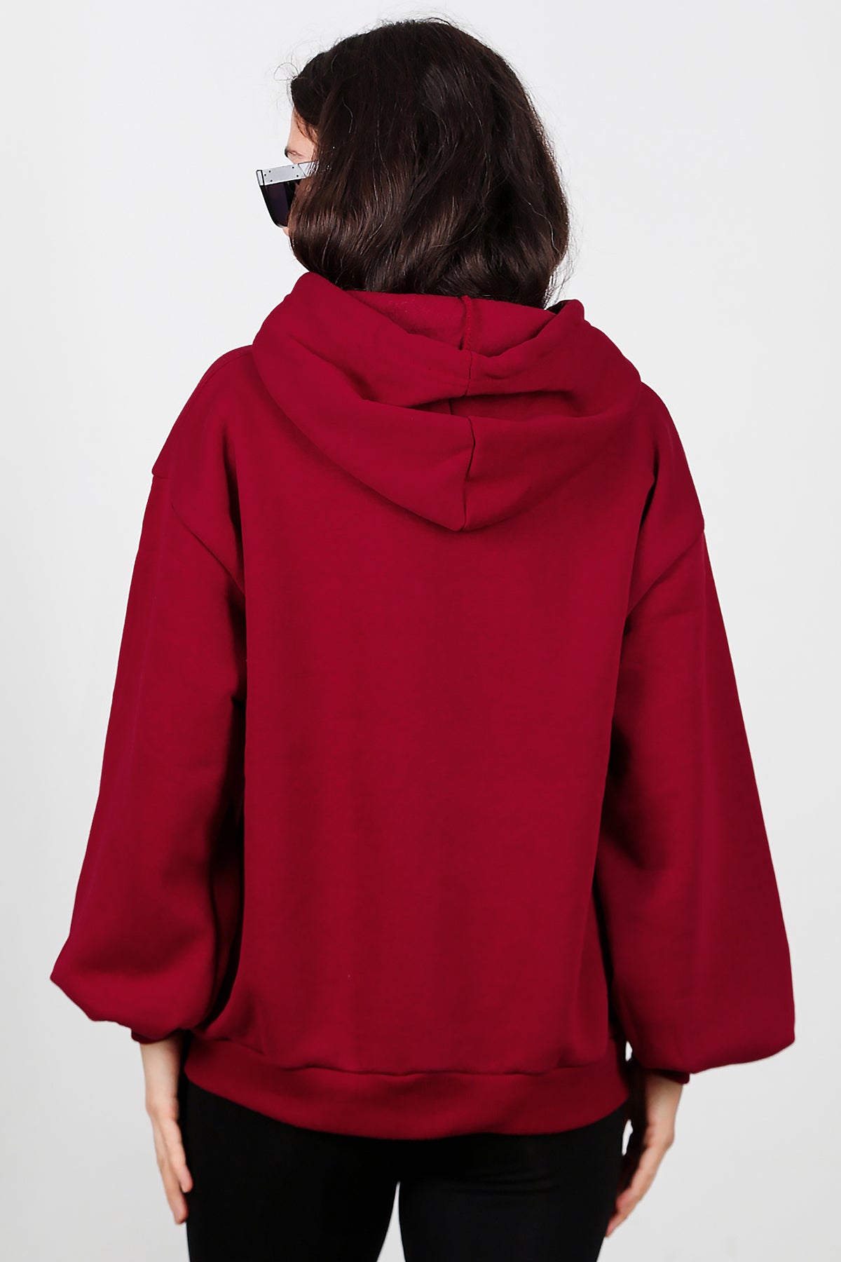 Kadın Kapşonlu Fermuarlı Şardonlu Sweat Bordo
