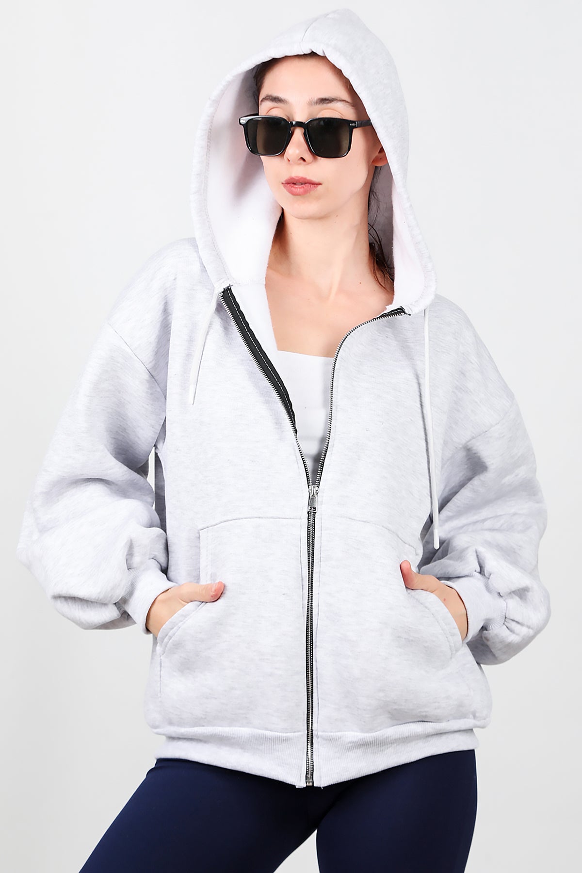 Kadın Kapşonlu Fermuarlı Şardonlu Sweat Gri