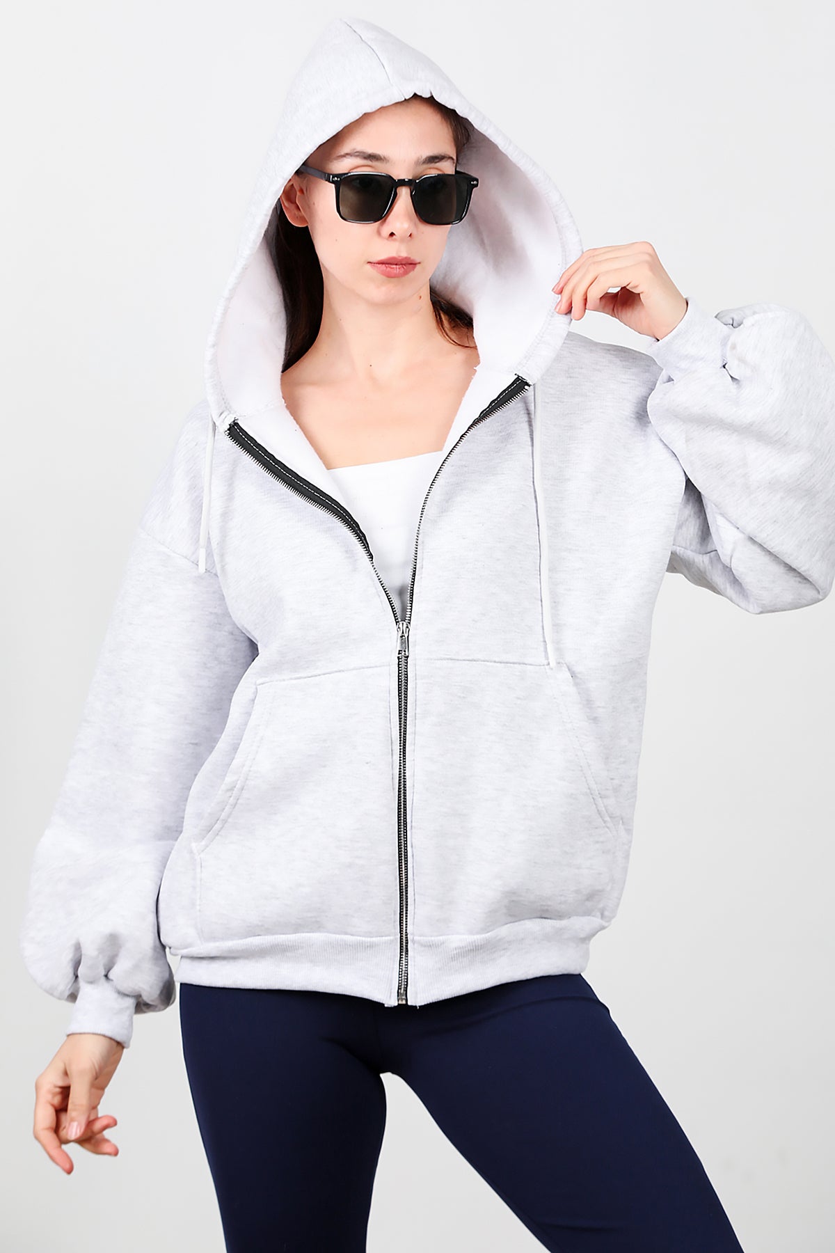 Kadın Kapşonlu Fermuarlı Şardonlu Sweat Gri