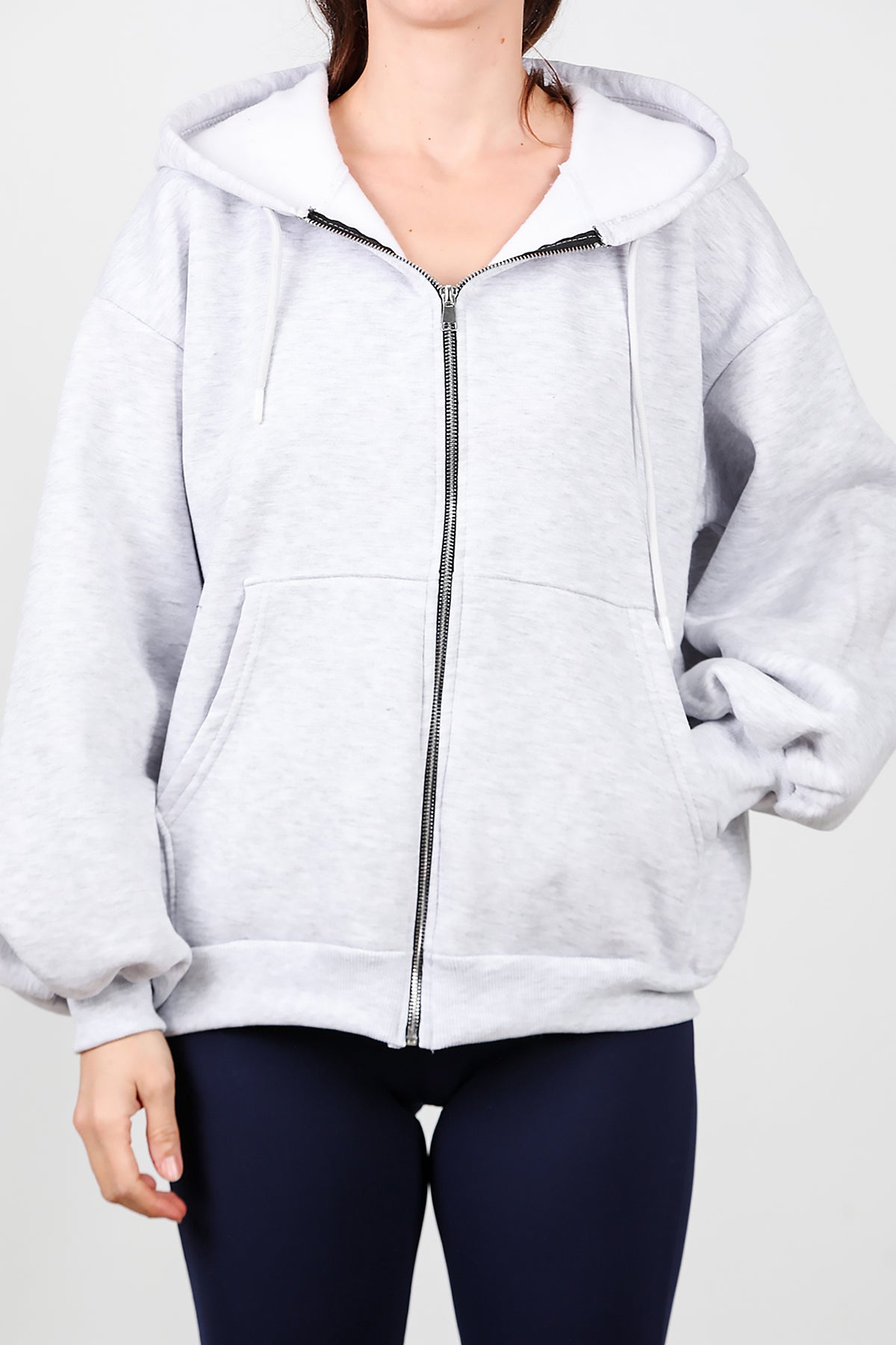 Kadın Kapşonlu Fermuarlı Şardonlu Sweat Gri
