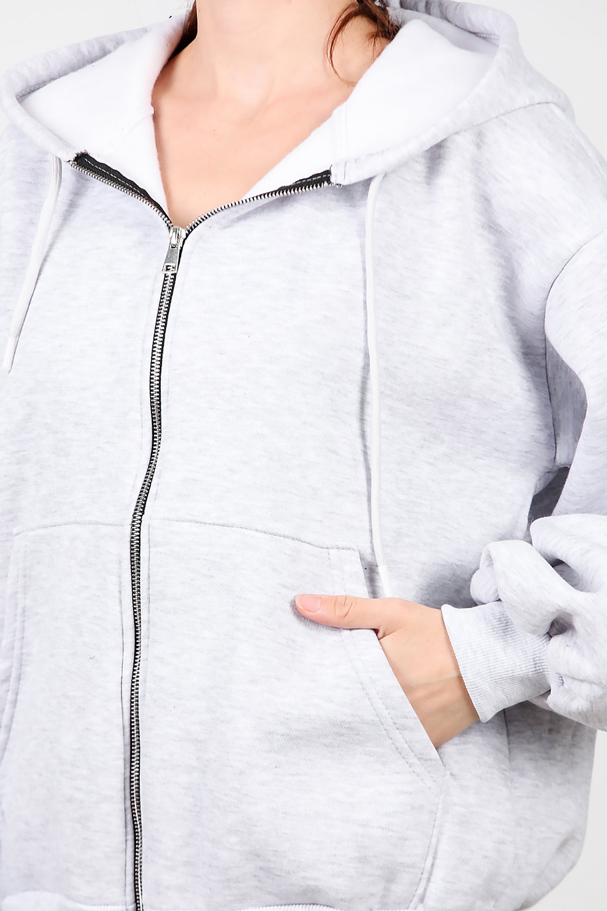 Kadın Kapşonlu Fermuarlı Şardonlu Sweat Gri