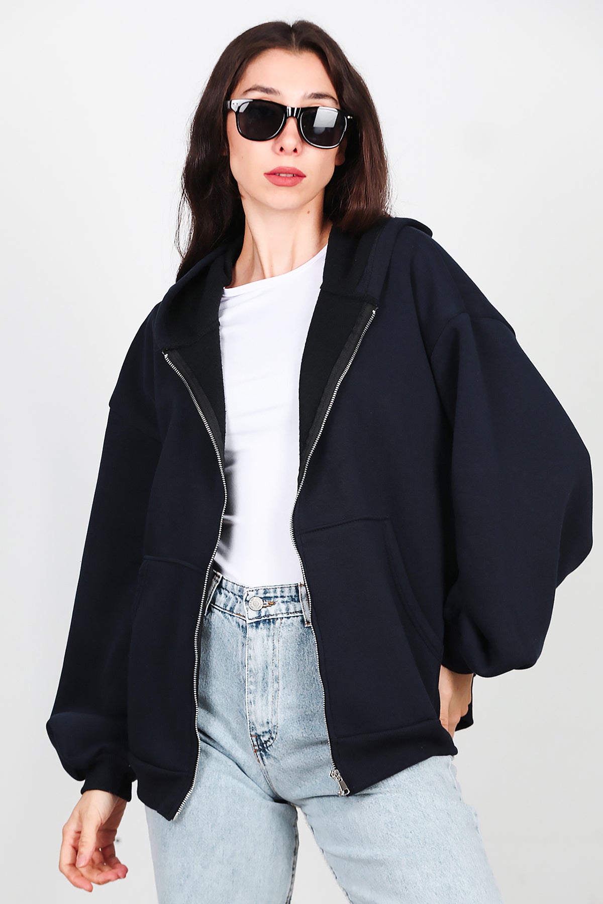 Kadın Kapşonlu Fermuarlı Şardonlu Sweat Lacivert