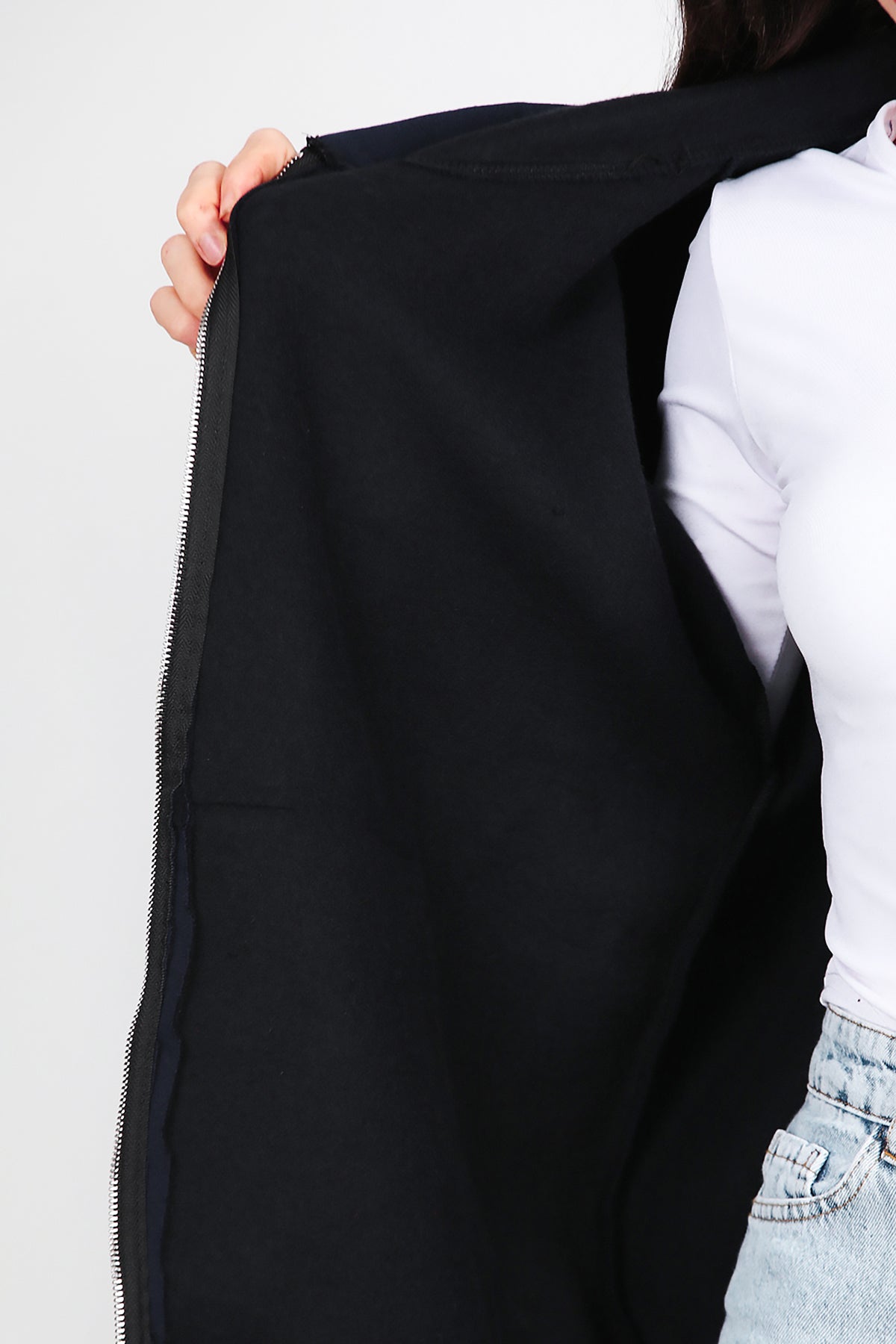 Kadın Kapşonlu Fermuarlı Şardonlu Sweat Lacivert