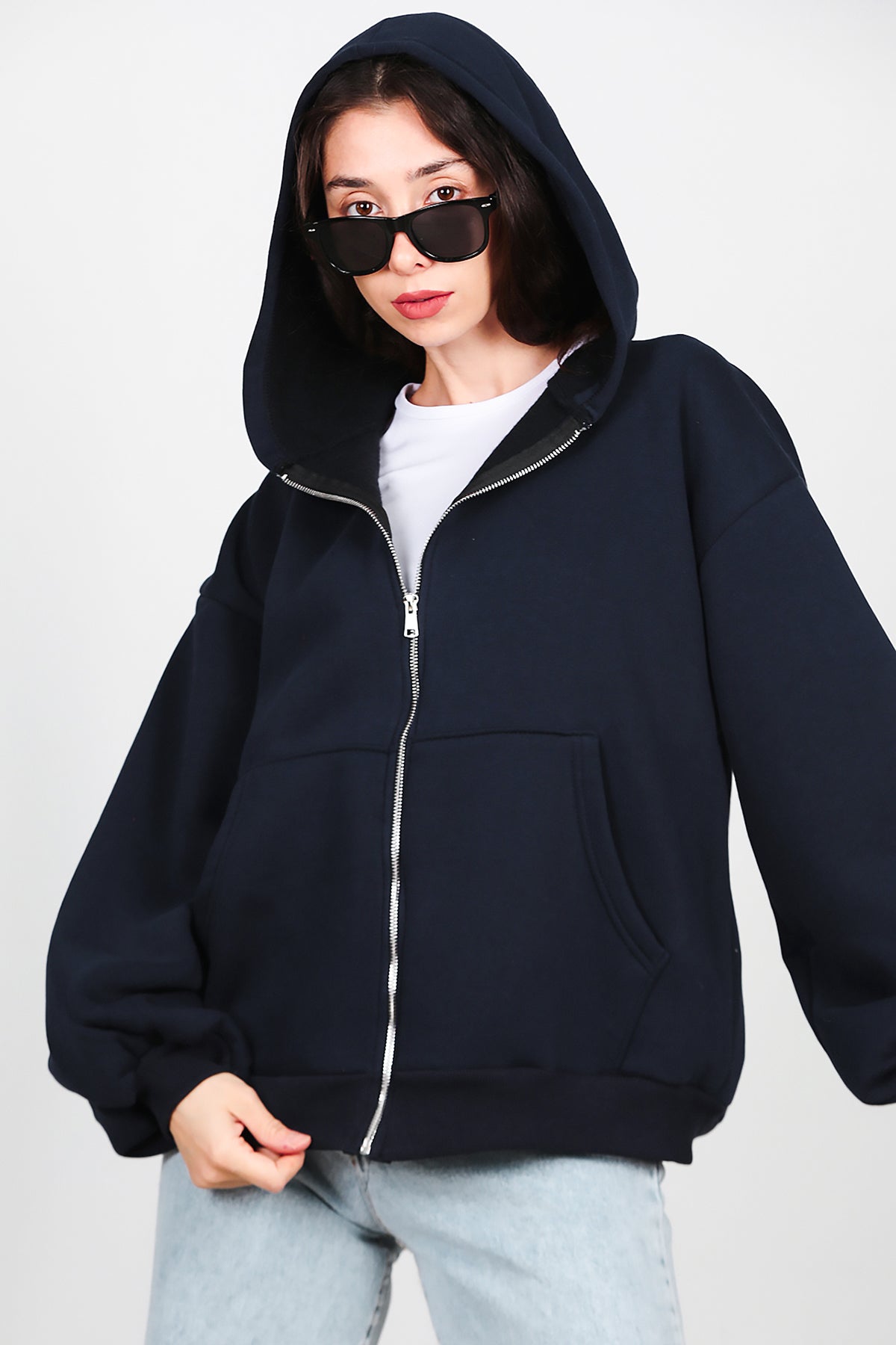 Kadın Kapşonlu Fermuarlı Şardonlu Sweat Lacivert