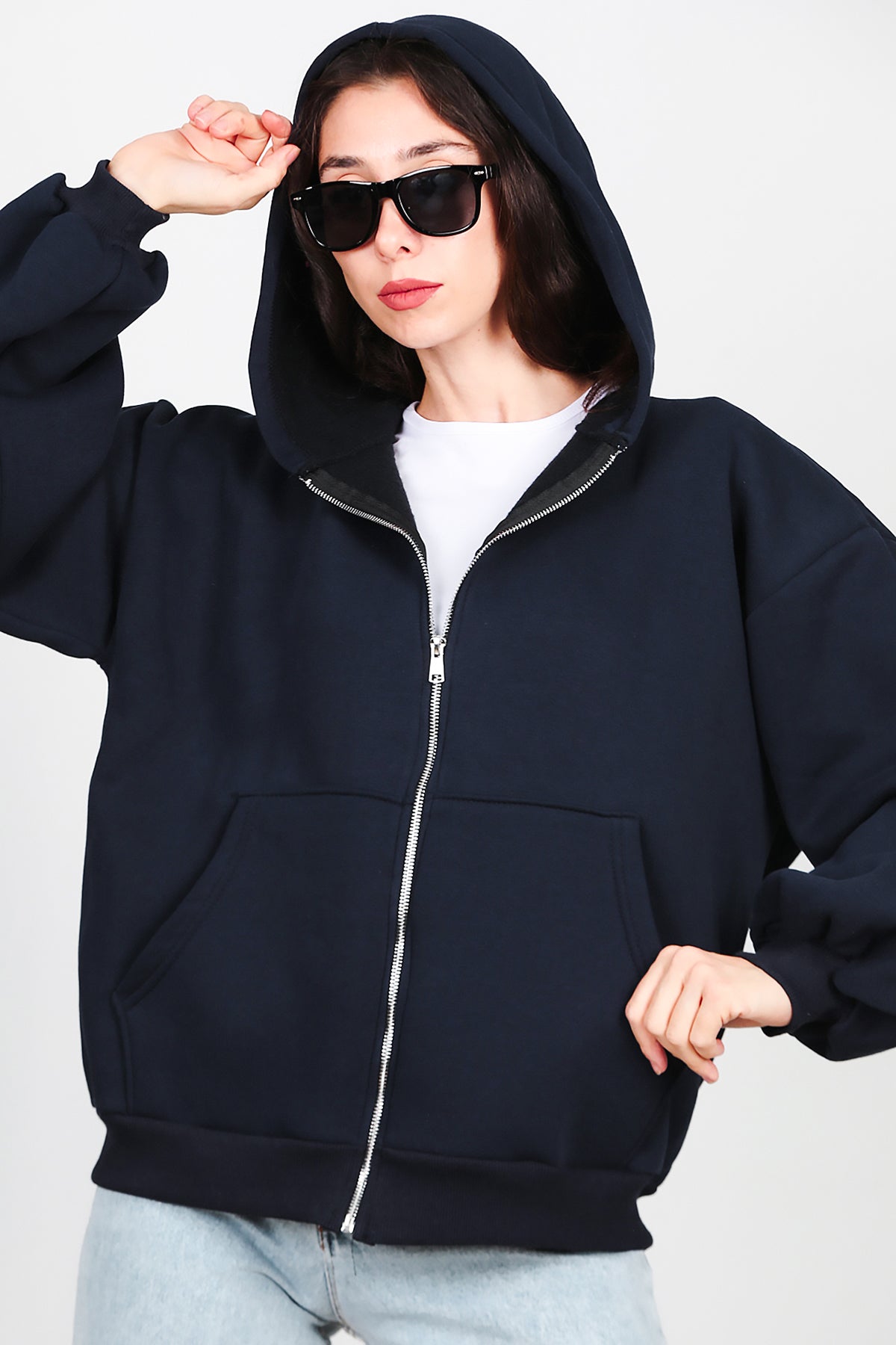 Kadın Kapşonlu Fermuarlı Şardonlu Sweat Lacivert