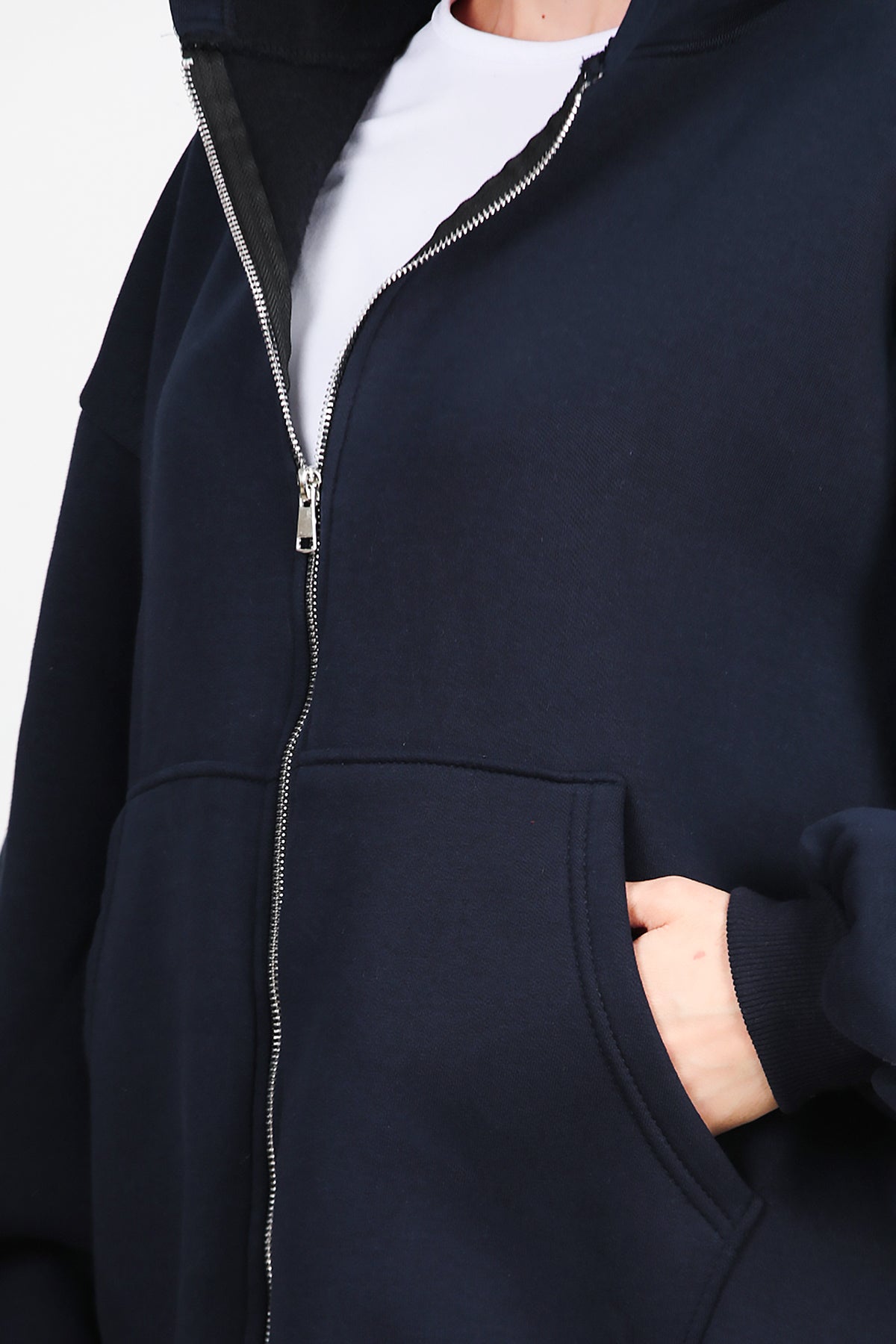 Kadın Kapşonlu Fermuarlı Şardonlu Sweat Lacivert