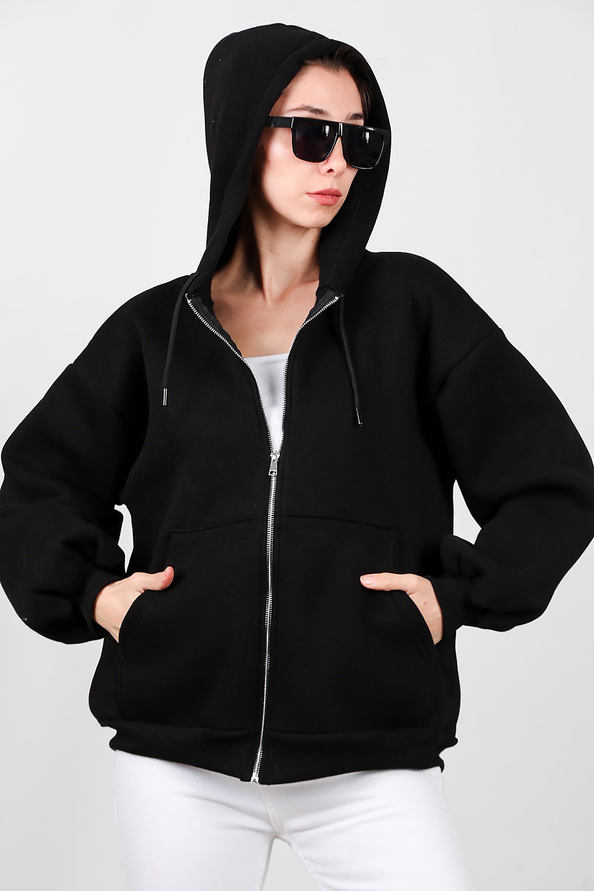 Kadın Kapşonlu Fermuarlı Şardonlu Sweat Siyah