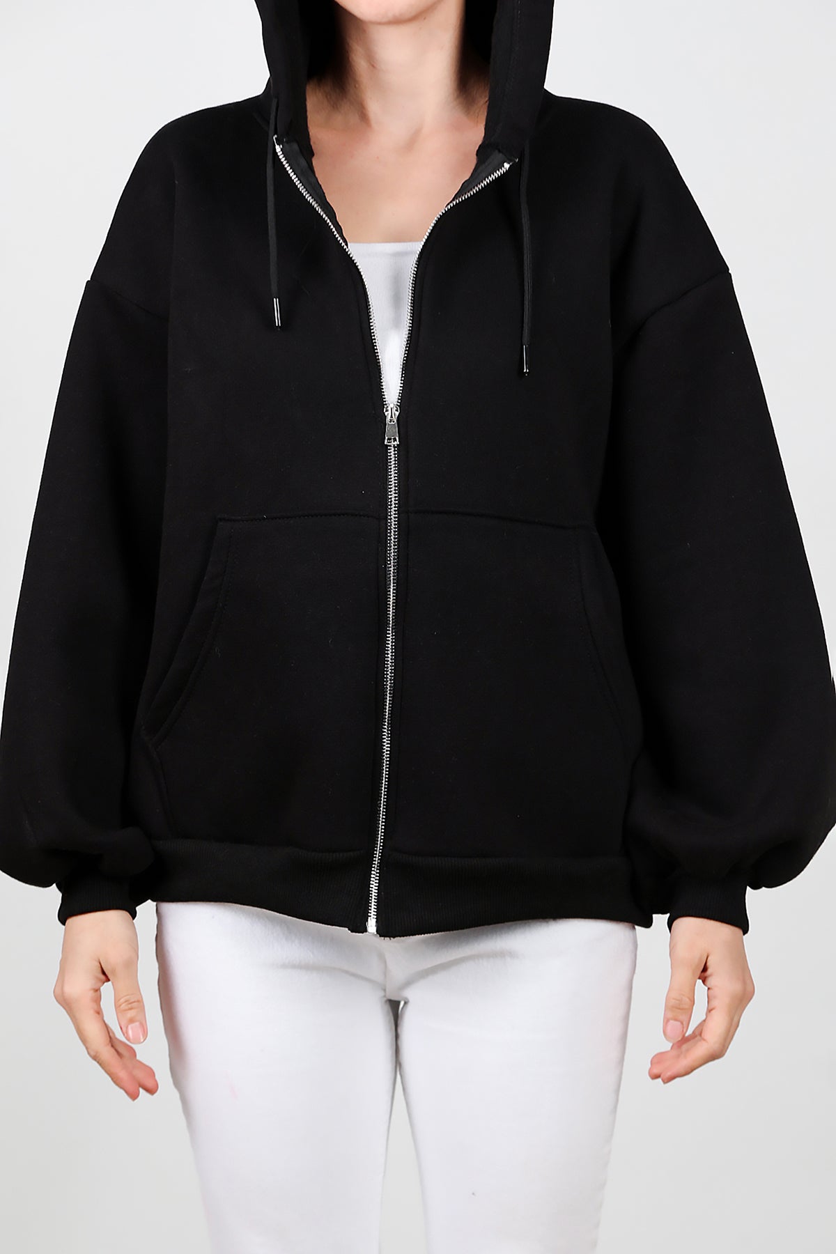Kadın Kapşonlu Fermuarlı Şardonlu Sweat Siyah