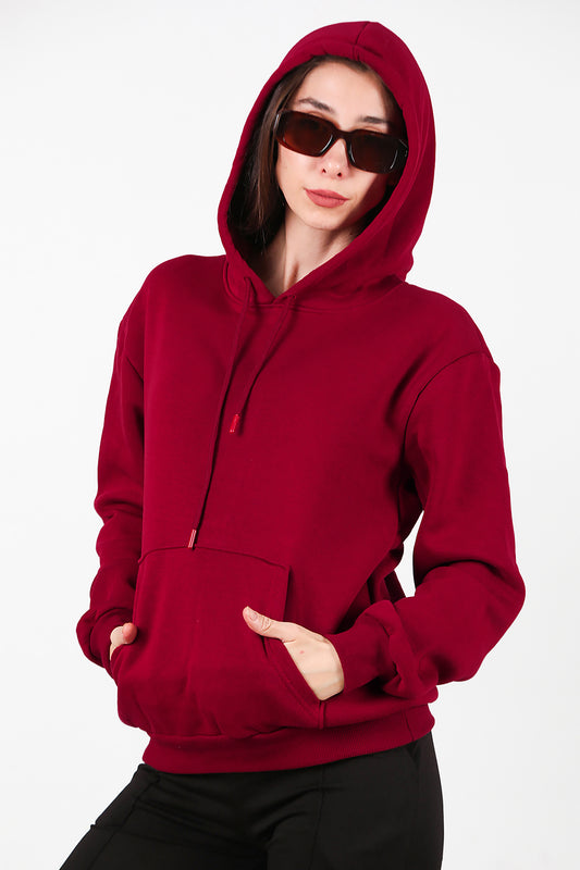 Kadın Kapşonlu Üç İplik Sweat Bordo