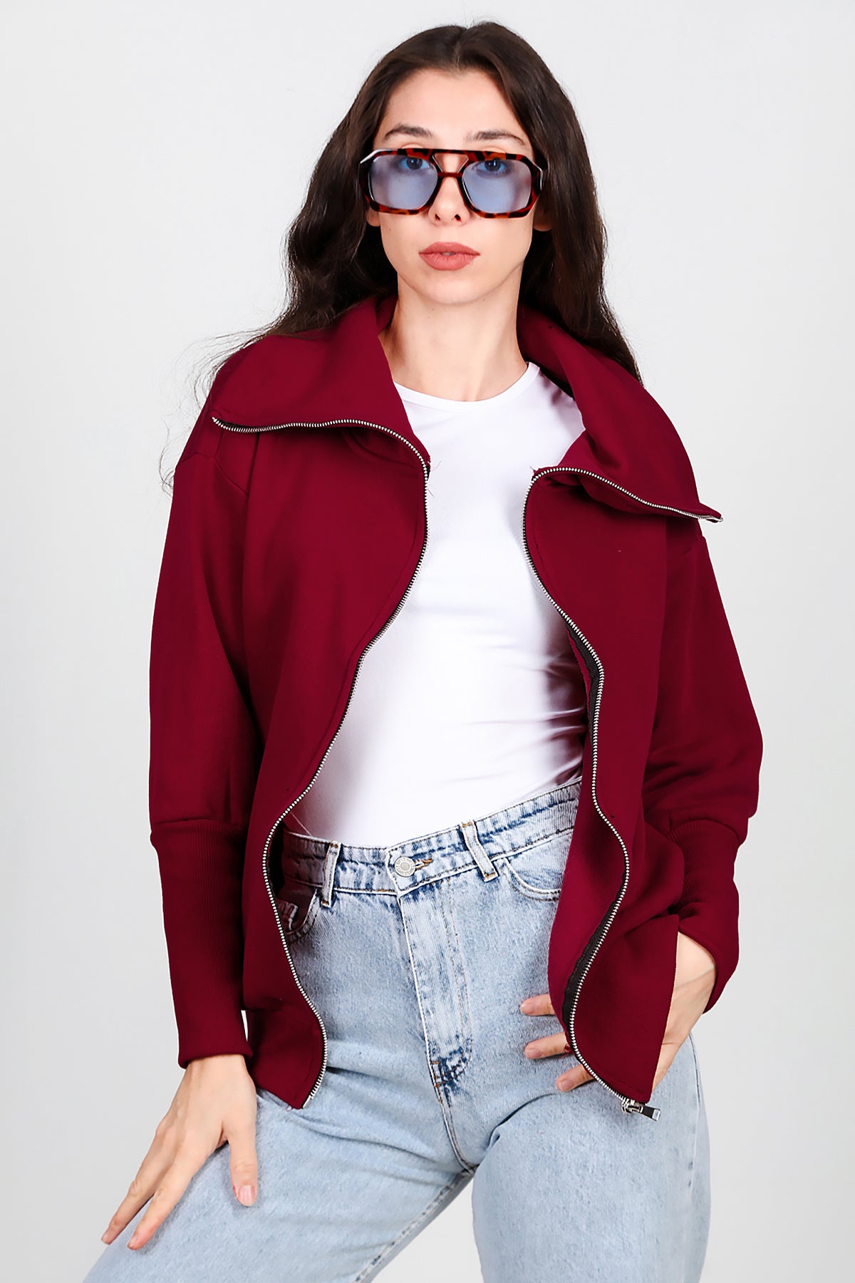 Kadın Dik Yaka Fermuarlı Sweat Bordo