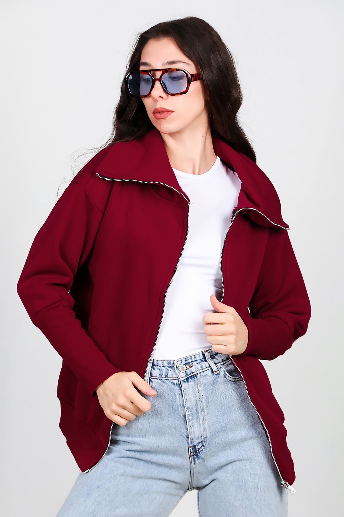 Kadın Dik Yaka Fermuarlı Sweat Bordo