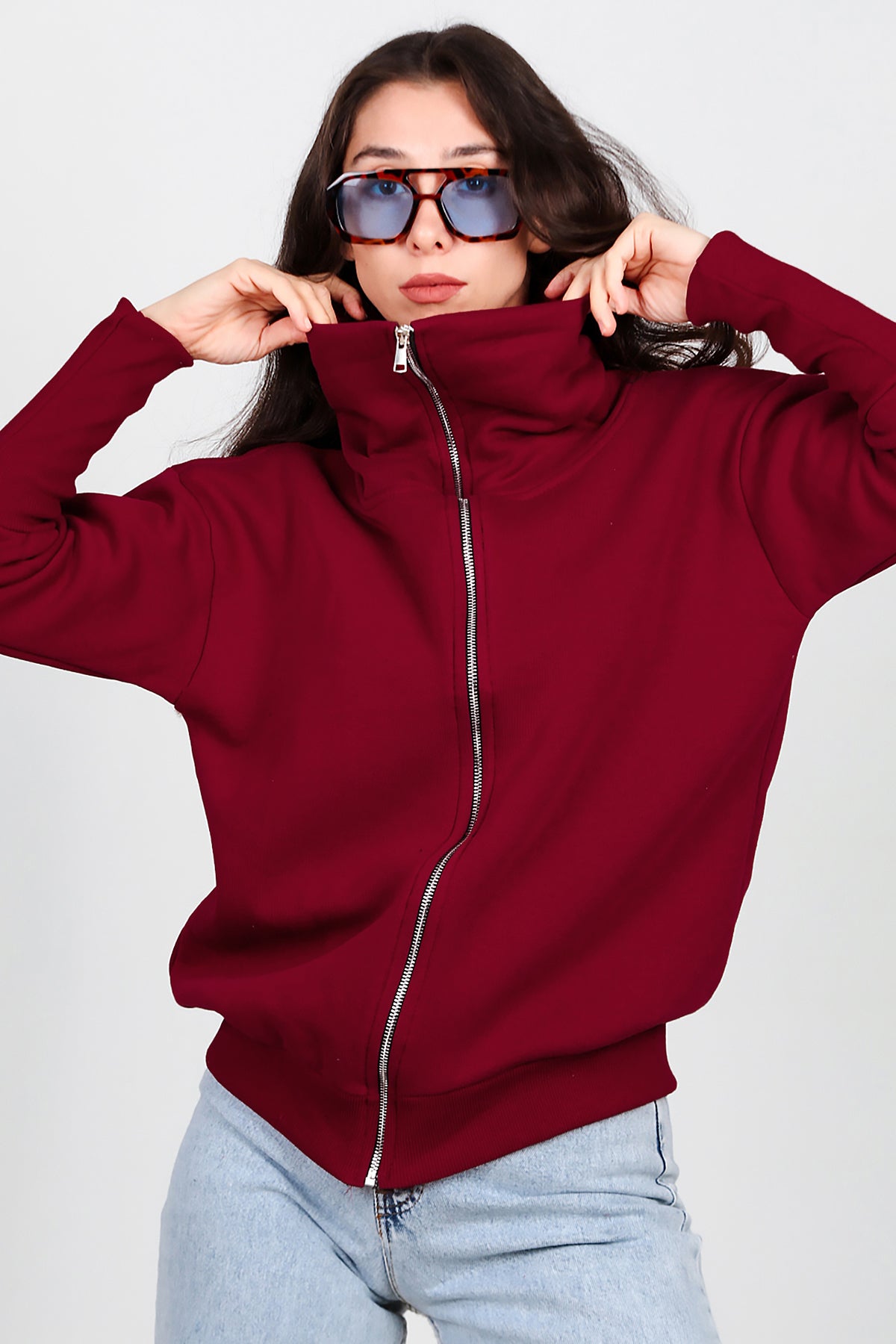 Kadın Dik Yaka Fermuarlı Sweat Bordo