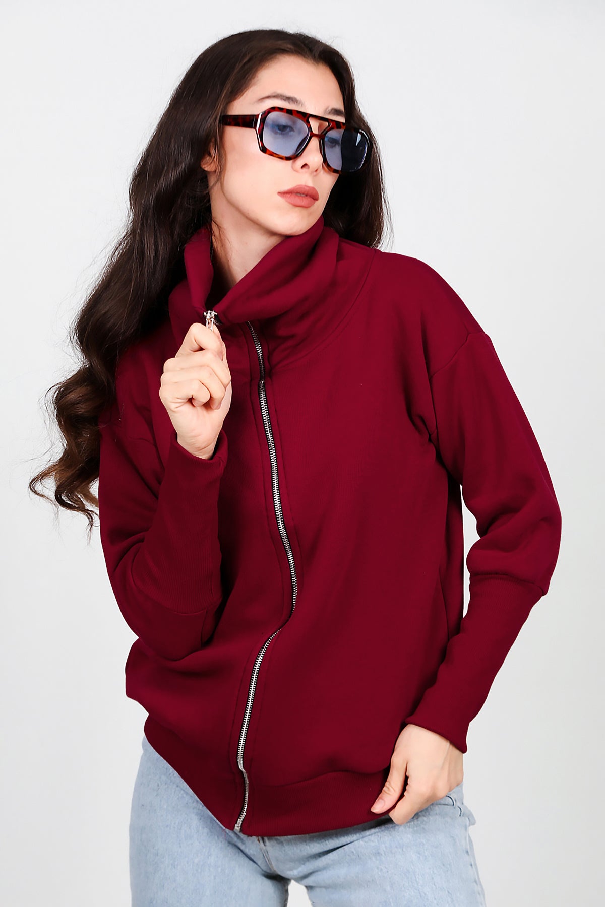 Kadın Dik Yaka Fermuarlı Sweat Bordo