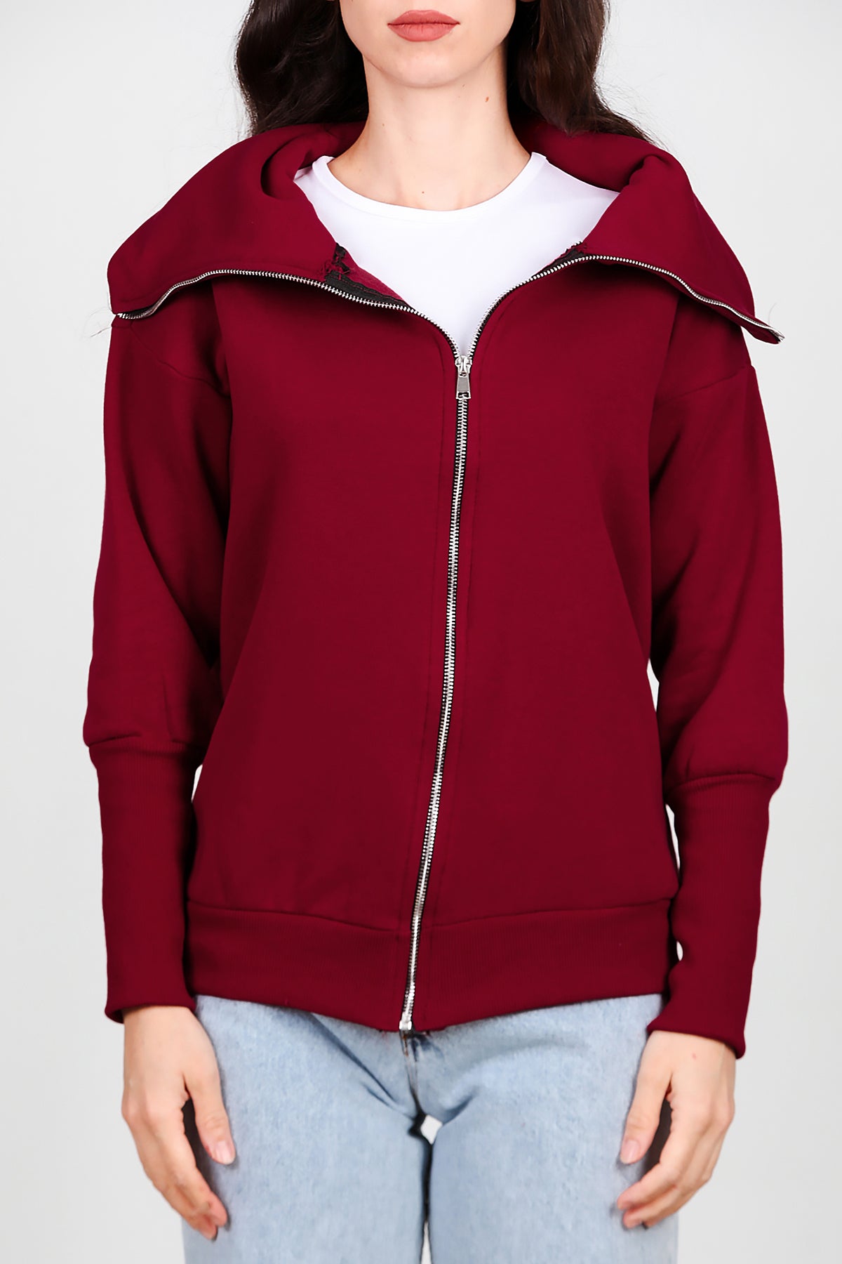 Kadın Dik Yaka Fermuarlı Sweat Bordo