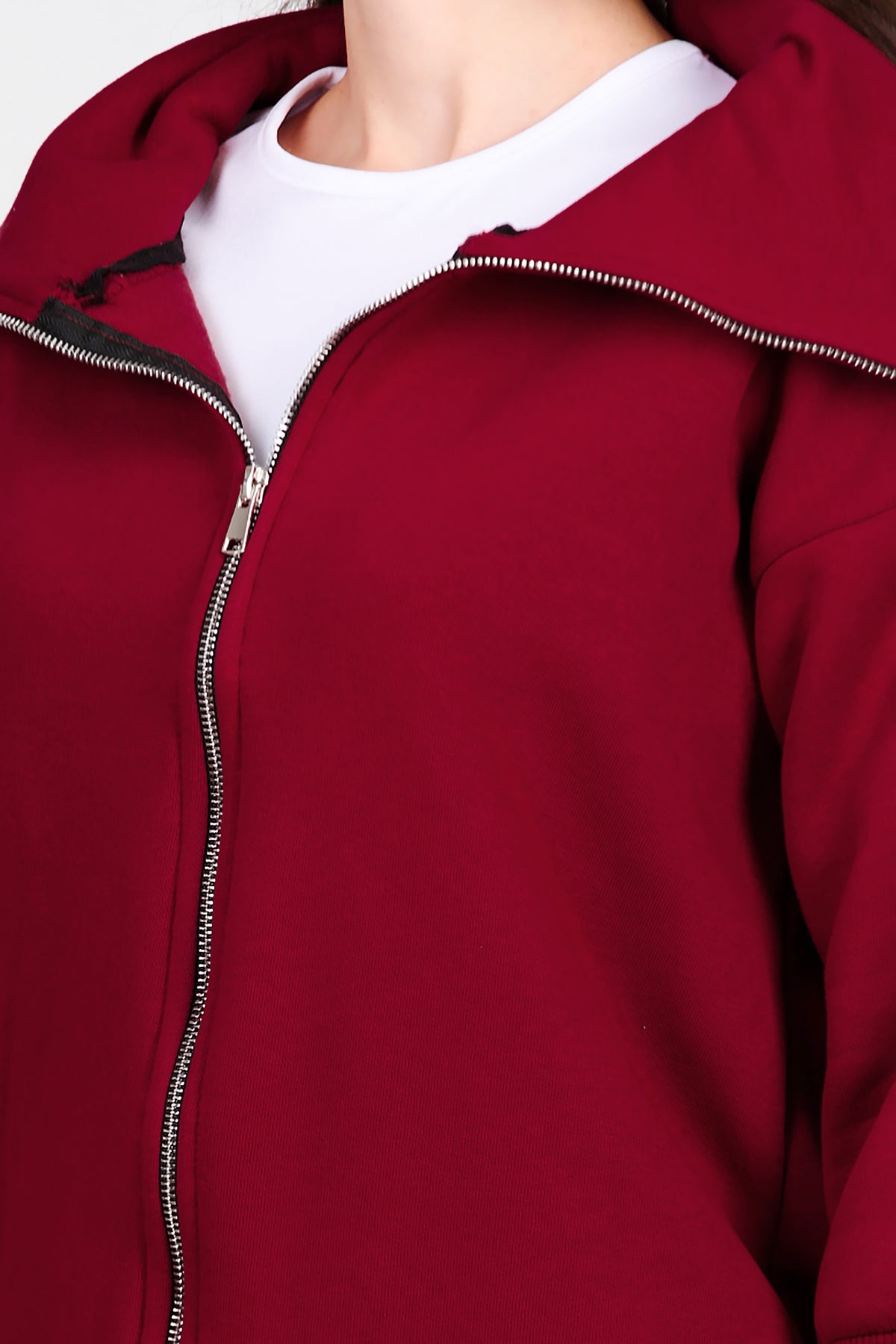 Kadın Dik Yaka Fermuarlı Sweat Bordo