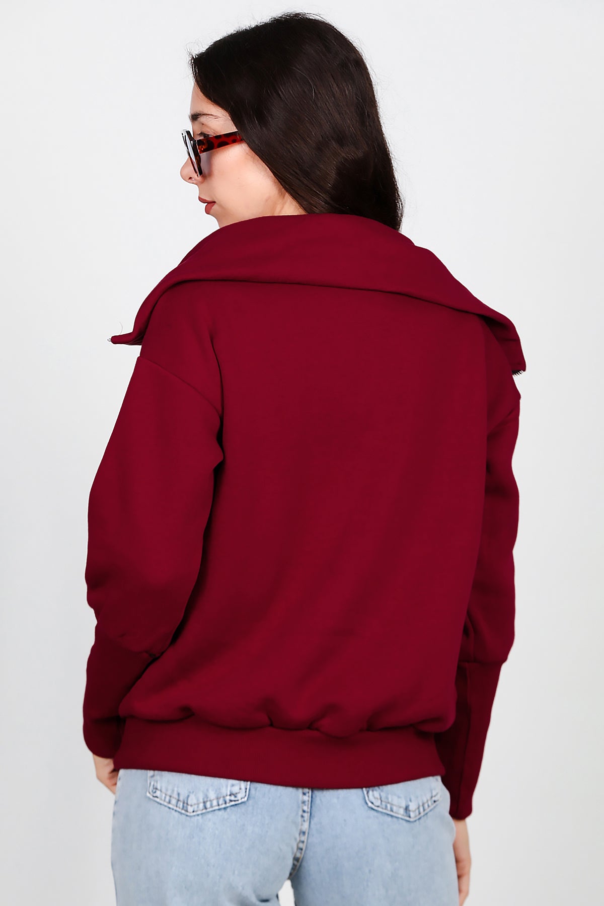 Kadın Dik Yaka Fermuarlı Sweat Bordo