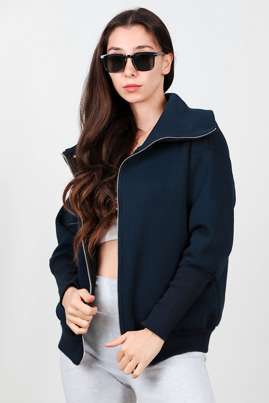 Kadın Dik Yaka Fermuarlı Sweat Lacivert