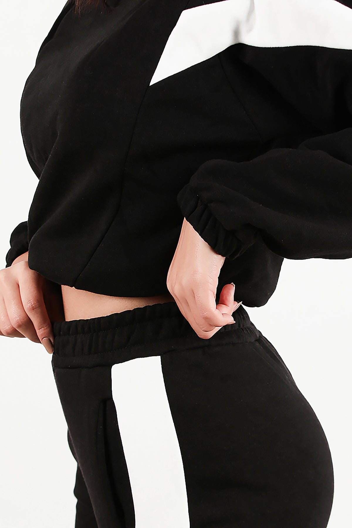 Kadın Şeritli Kapşonlu Eşofman Takımı Siyah