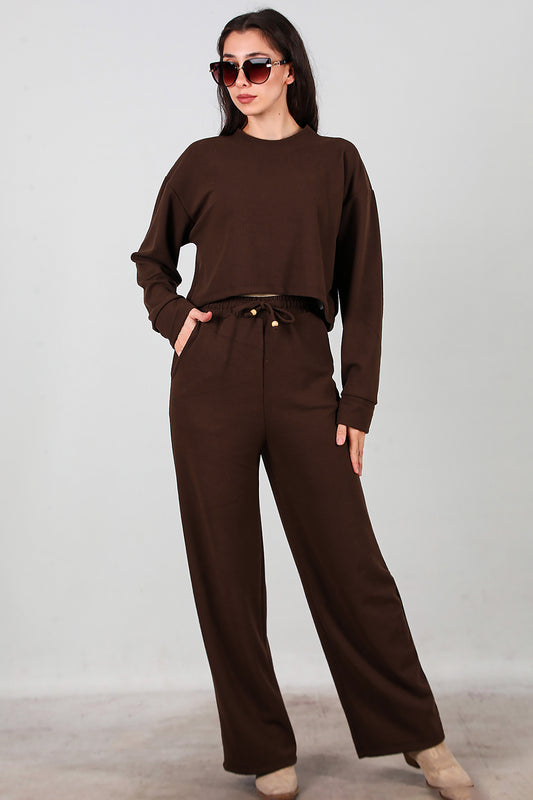 Kadın Fitilli Üst Kısa Takım Kahverengi