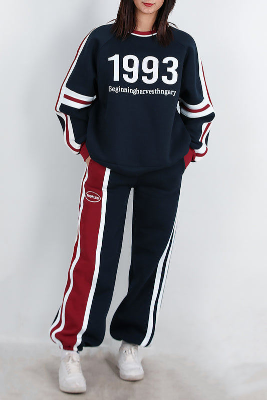 Kadın Şeritli Yazılı Bisiklet Yaka Eşofman Takımı Lacivert