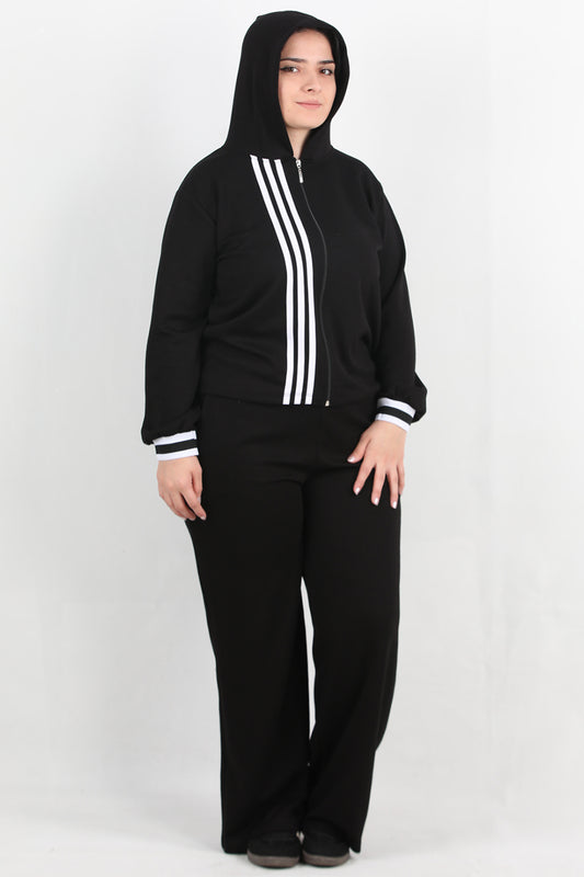 LineaFit Büyük Beden Çizgili Kapşonlu Takım Siyah