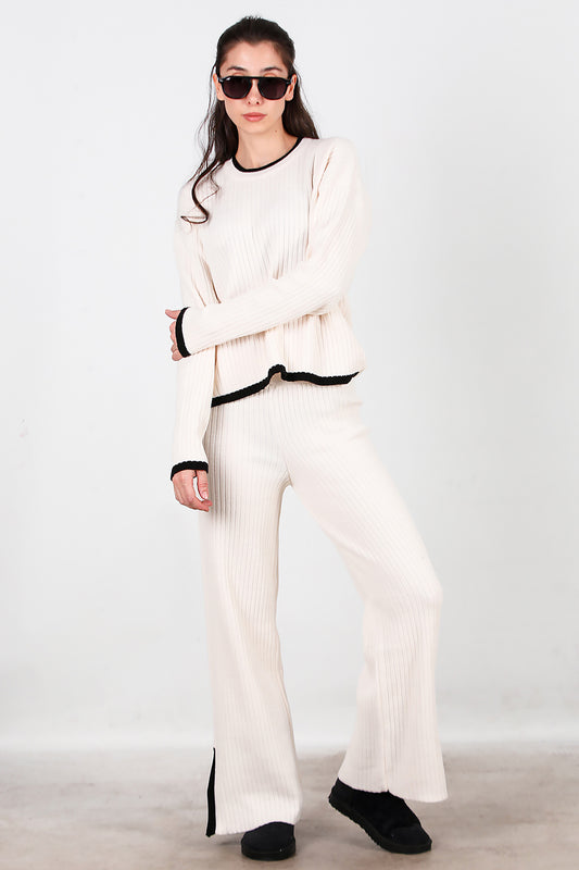 Kadın Garnili Paça Fermuarlı Triko Takım Ekru